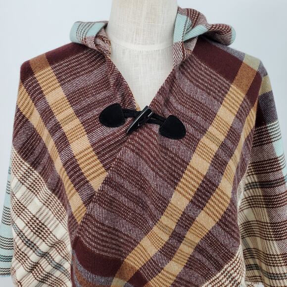 Style Collective‎ Poncho Ruana Cape Wrap Sweater Twill Plaid Hooded One Size New - Picture 6 of 7